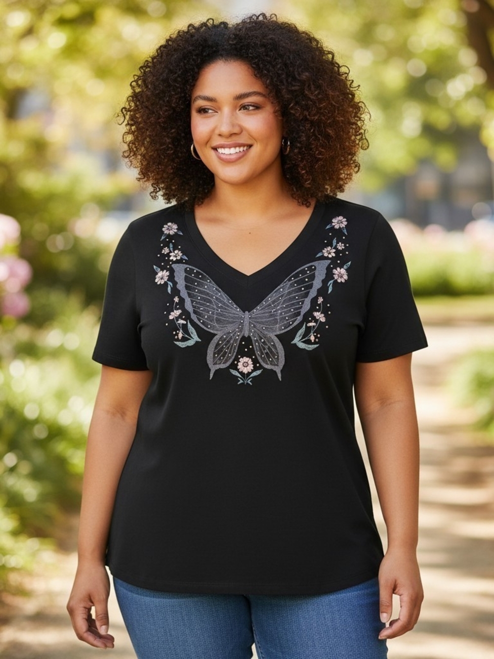 Torrid Black Jersey V-Neck Butterfly Embroidered Short Sleeve Top. 3x